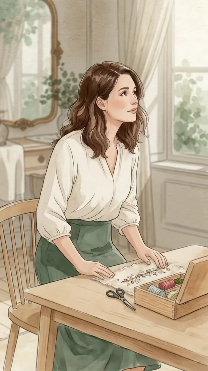 Ilustração em aquarela de uma mulher abrindo a cortina de uma janela iluminada