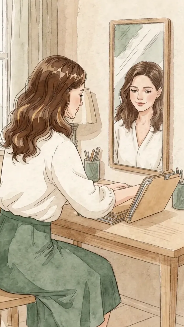 Ilustração em aquarela de uma mulher trabalhando ao computador, diante de um espelho