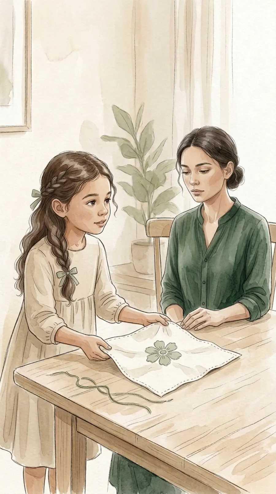 Ilustração em aquarela de uma menina mostrando um bordado para a mãe, à mesa