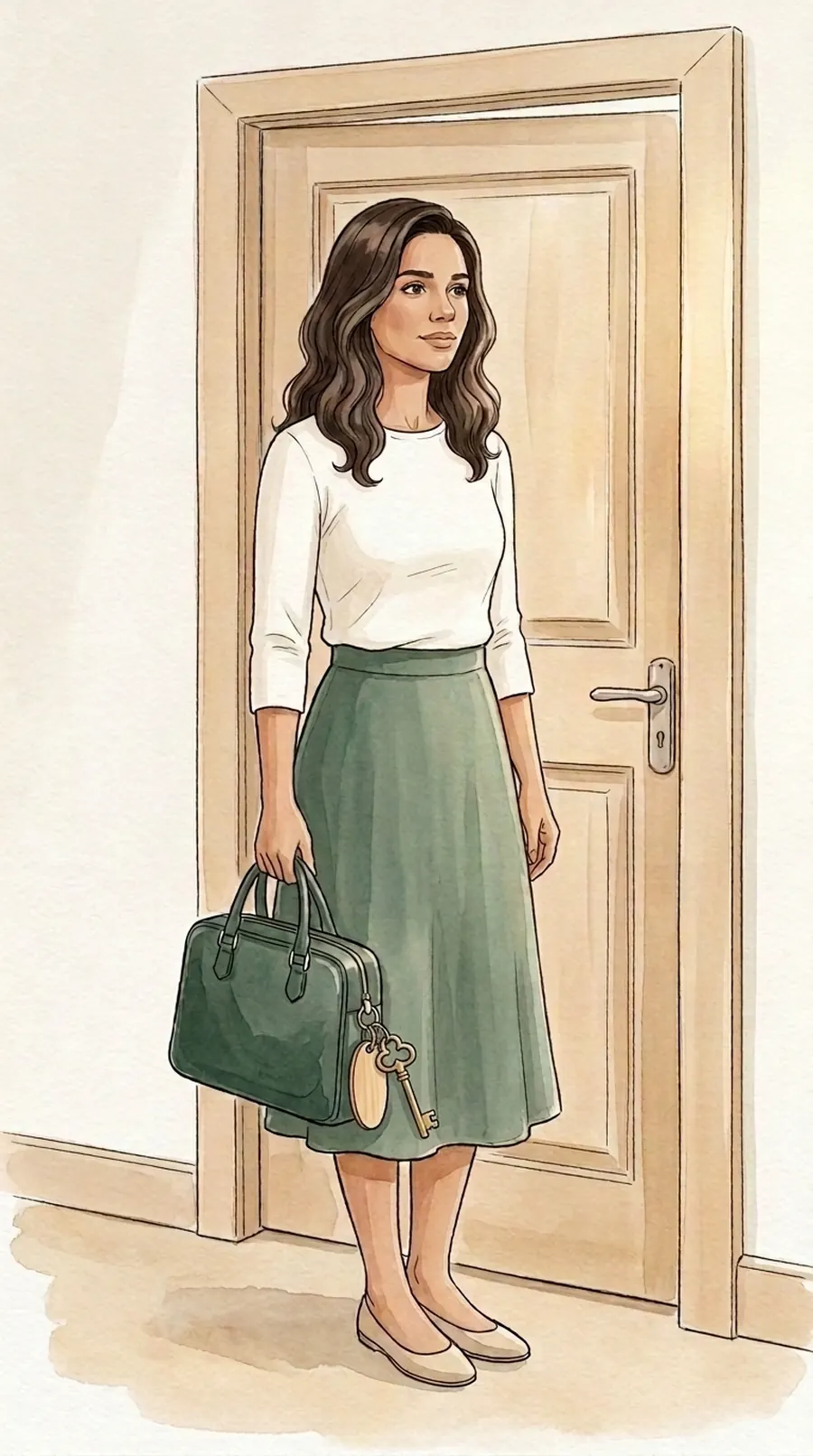 Ilustração em aquarela de uma mulher parada à porta de casa, com expressão serena